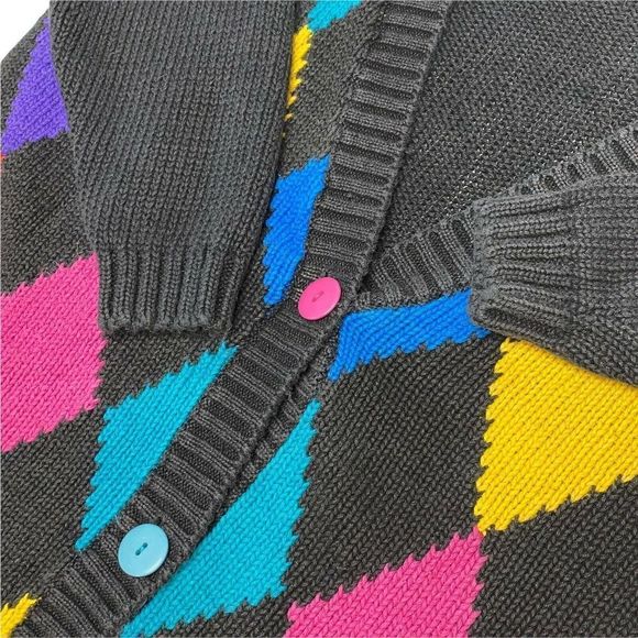 Rainbow Argyle Cardigan Sweater 90s Reference Point Knit Medium W23"xL26" Cotton - Picture 4 of 5